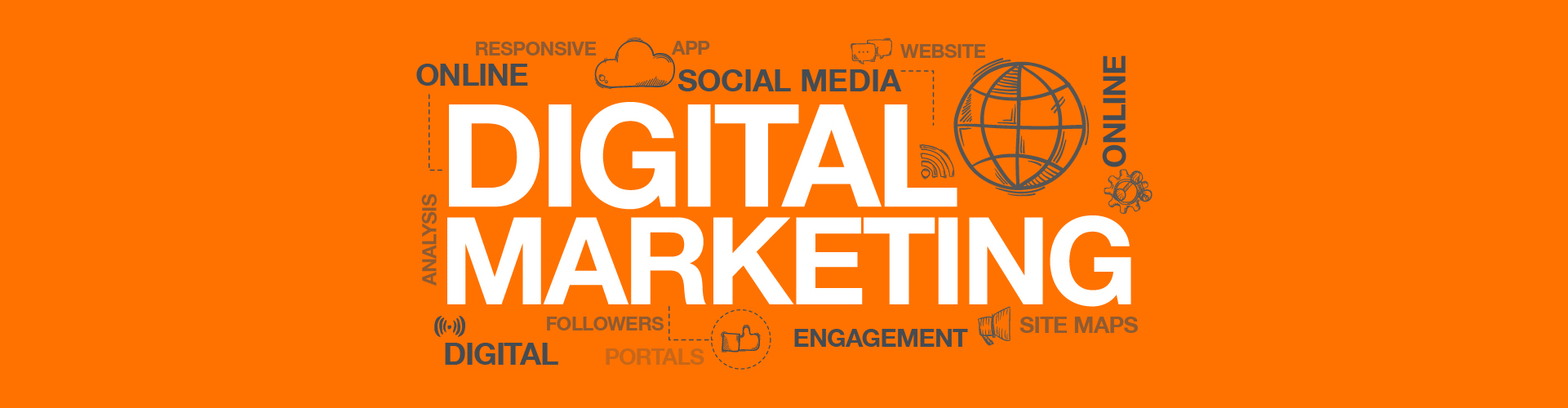 A orange visual with Digital Marketing as the title. There are some words and icons surrounding the title that refer to the subject.
