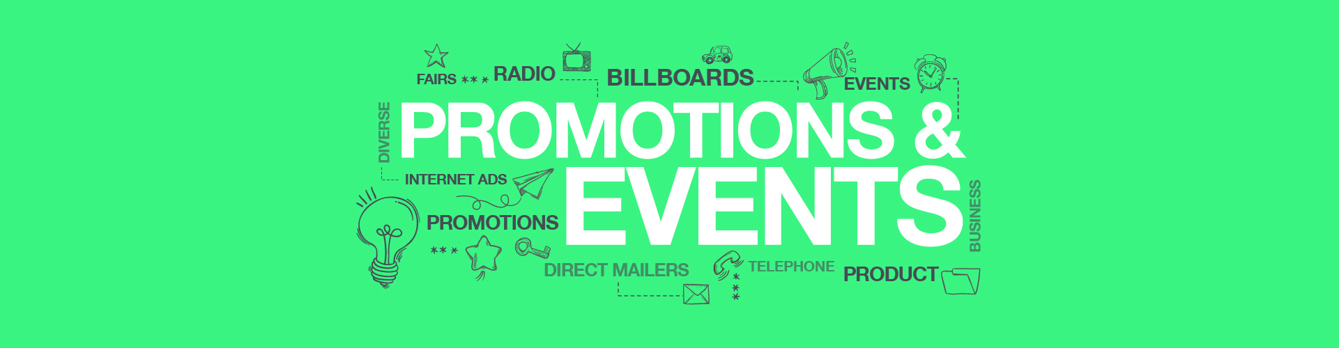 A green visual with Promotions and Events as the title. There are some words and icons surrounding the title that refer to the subject.