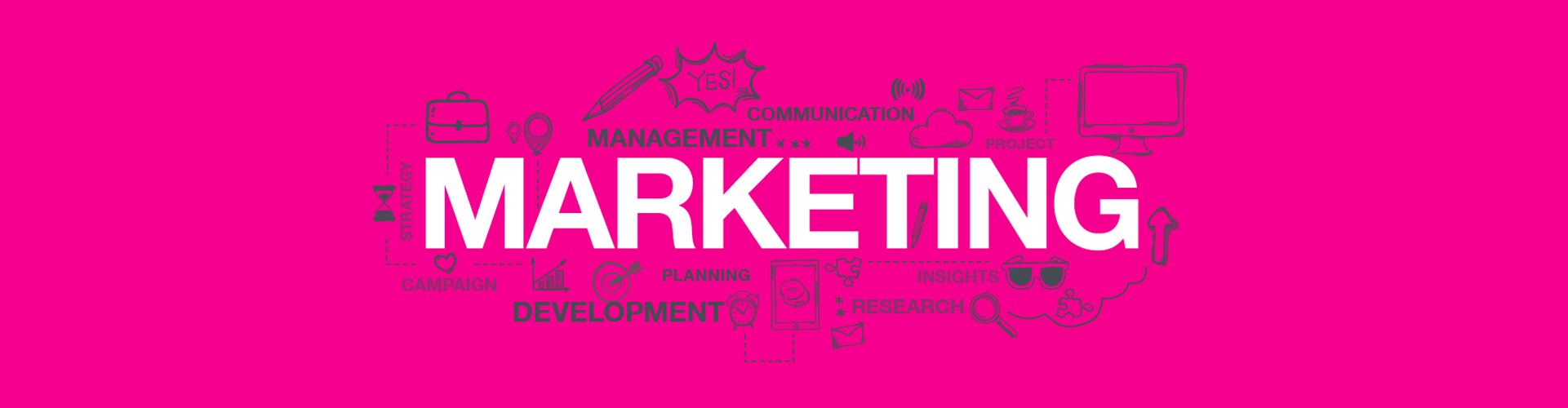 A Pink visual with Marketing as the title. There are some words and icons surrounding the title that refer to the subject.